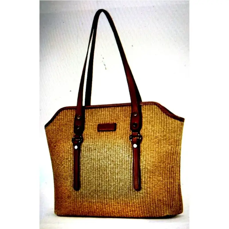 Woven Jute Shopper Tote with Leather Straps