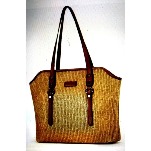 Woven Jute Shopper Tote with Leather Straps