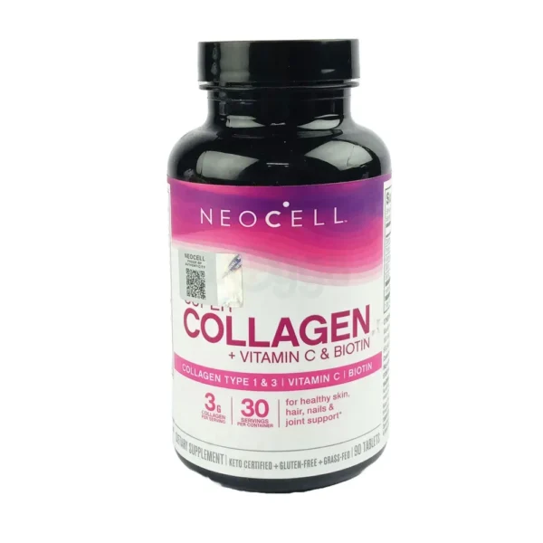 NeoCell Super Collagen + Vitamin C & Biotin 90 tab is a dietary supplement designed to promote healthy skin, hair, nails, and joints. Manufactured in the USA, it combines hydrolyzed bovine collagen with essential nutrients to support overall wellness.